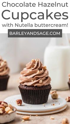 chocolate hazelnut cupcakes with nutella buttercream on a white plate