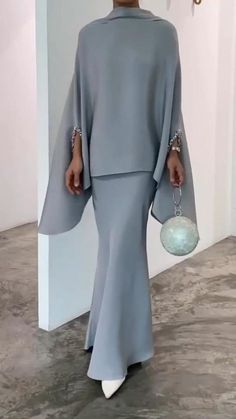 Solid Two-piece Party Dresses, Solid Long Sleeve Sets For Party, Solid Two-piece Party Set, Elegant Gray Long Sleeve Sets, Fitted Sets With Asymmetrical Hem For Party, Elegant Sets With Asymmetrical Hem For Party, Elegant Party Sets With Asymmetrical Hem, Spring Party Sets With Asymmetrical Hem, Baju Pengapit