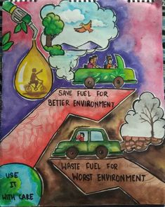 a drawing with different things in it on top of a piece of paper that says, save fuel for better environment