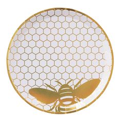 a white and gold plate with a honeybee on it's side, against a white background