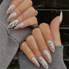 Incredibly cute and trendy spooky nails, arriving in 5-10 business days. 
#HalloweenNails #SpookyNails #NailArt #HalloweenManicure #TrickOrTreatNails Light Color Halloween Nails, Light Pink Ghost Nails, Red Ghost Nails, White Chrome Halloween Nails, Halloween Engagement Nails, Crome Nails Halloween, Halloween Polka Dot Nails, Aurora Gel Nails, Halloween Nails With Chrome