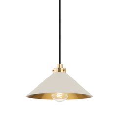 a white and gold pendant light with a black cord