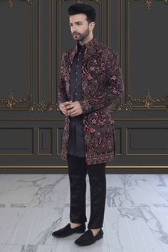 Channel effortless elegance with our Mens Sherwani V2-S48. This black open-jacket sherwani features exquisite thread and sequin embroidery, adding a touch of luxury to your ensemble. Perfect for special occasions, elevate your style with this sophisticated piece. Designer Black Nehru Jacket With Chikankari Embroidery, Designer Sherwani For Reception In Winter, Designer Winter Sherwani For Reception, Designer Winter Reception Sherwani, Designer Black Sherwani With Chikankari Embroidery, Designer Black Bandhgala With Naqshi Detailing, Designer Black Bandhgala With Naqshi, Black Naqshi Bandhgala For Festive Occasions, Formal Black Sherwani With Naqshi Detailing