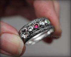 Floral Birthstone Ring Set - (choose # of stones) - LE Jewelry Designs Rings Stack, Birthstone Crystals, Birthstone Rings, Vintage Style Rings, Synthetic Opal, Sterling Silver Flowers, Silver Flowers, Birthstone Ring, Ring Sterling Silver