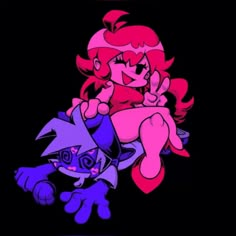 an image of a cartoon character with pink hair and blue eyes holding onto another character's arm