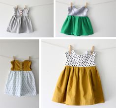 four pictures of different dresses hanging on clothes pins, one with polka dots and the other without