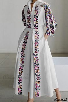 OliviaMark - Elegante Kleider in A-Linie mit Buchstabenprints, Patchwork-Knöpfen und Umlegekragen Autumn Fabric, Robes D'occasion, Button Shirt Dress, Linen Dress Women, Cotton Linen Dresses, Belted Midi Dress, 2022 Trends, Fall Dress, Winter Dress