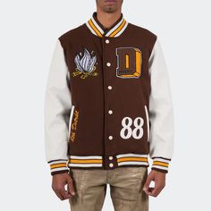 Brown Varsity Jacket, Black Biker Jacket, Logo Yellow, Leather Sleeves, Custom Jacket, Satin Jackets, New Years Sales, Leather Sleeve, White Jacket