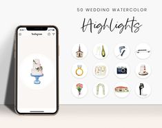 an iphone is shown next to a white board with wedding items on it and the text, 50 wedding watercolor highlights