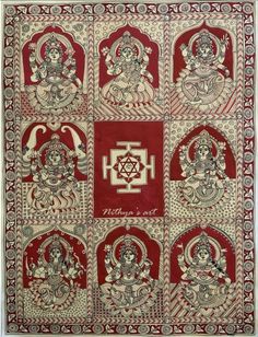 an intricately designed wall hanging with deities and symbols in red, white and gold