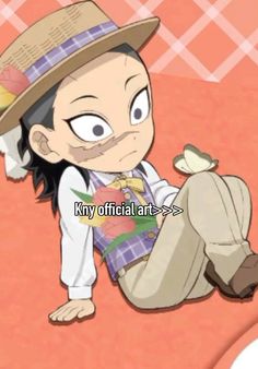 an anime character sitting on the ground with his legs crossed and wearing a fedora