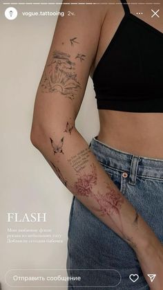 a woman's arm with tattoos on it and the words flash written in red ink