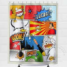 the shower curtain is decorated with comic characters and words that say boom, boom, boom