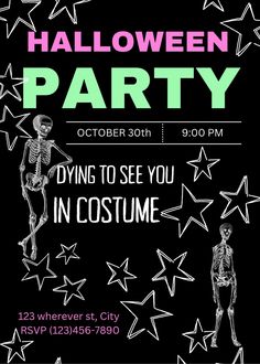 a halloween party flyer with skeletons and stars on the black background for an upcoming event