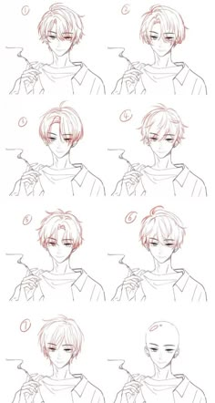 how to draw an anime character's face with different expressions and hair styles, including the