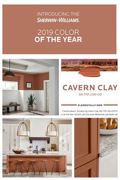 an advertisement for the interior paint color of the year, with images of kitchen and living room