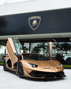 a gold lamb car parked in front of a building