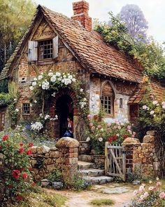 a painting of a cottage with roses growing around it