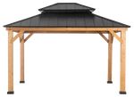 a wooden gazebo with a black roof and shinning on it's sides