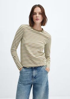 Striped long sleeves t-shirt - Women | Mango USA Turtleneck T Shirt, Knitted Tshirt, Striped Tee, Scarf Print, Striped Long Sleeve, Shirt Women, Striped Shirt, Shirts For Girls, Neck T Shirt