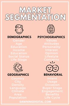 a pink poster with the words market segmentation and other related items in black on it