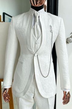 Allaboutchic also accepts custom measurement. So if you want the suit with your own size, please contact us. Color: White Button: Single Breasted Occasion: Prom, Wedding, Business Neckline: Shawl Lapel Material: Polyester & Polyester Blend Pattern: Jacquard Piece: 3 Piece Pocket: No Flap Mens White Suit, White Wedding Suit, Prom Suits For Men, Prom Tuxedo, White Shawl, Suits Men Business, Wedding Suits Groom, Designer Suits For Men, Prom Suits