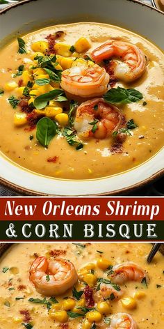 two pictures of shrimp and corn chowee with text overlay that reads new orleans shrimp & corn bisque