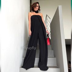 New With Tags Black Wide Leg Jumpsuit For Party, Chic Strapless Jumpsuit For Going Out, Chic Black Strapless Jumpsuit For Formal Occasions, Chic Black Strapless Jumpsuit For Formal Events, Elegant Black Strapless Jumpsuit For Spring, Chic Strapless Jumpsuits And Rompers For Going Out, Chic Black Strapless Wide Leg Jumpsuit, Chic Black Strapless Wide-leg Jumpsuit, Chic Black Strapless Jumpsuit For Date Night