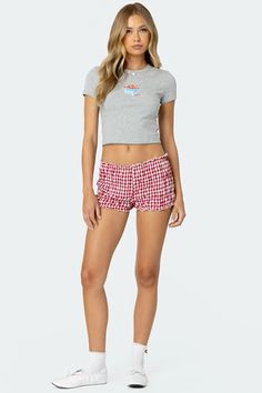 Casual Plaid Pajama Shorts With Elastic Waistband, Trendy Gingham Bottoms Short Length, Trendy Gingham Short Bottoms, Trendy Gingham Cotton Shorts, Trendy Gingham Bottoms In Short Length, Trendy Gingham Short Length Bottoms, Gingham Summer Bottoms With Built-in Shorts, Gingham Bottoms With Built-in Shorts, Gingham Bottoms With Elastic Waistband And Short Length