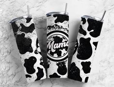 three black and white tumblers with the word mama printed on them, sitting next to each other