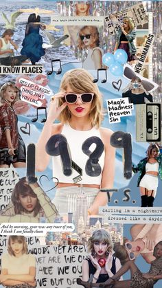 the collage has many different pictures and words on it, including one woman wearing sunglasses