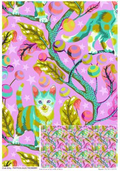 a cat sitting on top of a tree next to a pink wallpaper with stars