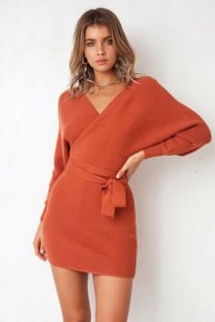 Sexy Women's Wrap Deep V Neck Batwing Sweater Evening Club Wear Dress ZG8 | eBay Batwing Sweater, Belt Dress, Ribbed Dresses, Hip Dress, Knit Sweater Dress, Loose Dress, Long Sleeve Mini, Trending Dresses, Long Sleeve Mini Dress