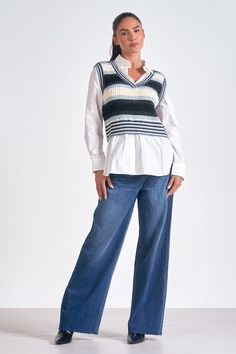 Layer in style with the Kaia sweater. This vest and shirt combo features a striped knit overlaying a crisp poplin shirt, merging preppy charm with contemporary edge. Denim Dress Fall, Jumpsuit Coverup, Fall Bottoms, Style Uniform, Jumpsuit Fall, Sweater Style, Cardigan Sweater Dress, Crop Top Sweater, Sweater Sale