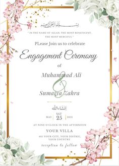 the wedding card is decorated with pink flowers and gold trimmings, on a white background