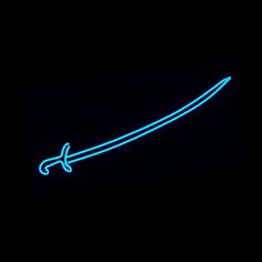 a blue neon sign that is on the side of a black wall in the dark