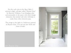 a white bathroom with gray walls and flooring is featured in an article about the color scheme