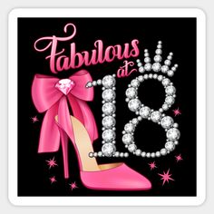 a pink high heel shoe with pearls on it and the words fabulous at 10