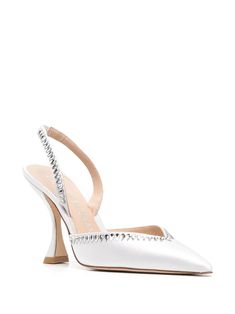 Stuart Weitzman crystal-embellished Slingback 110mm Pumps - Farfetch Strappy Pumps, Pointed Heels, White Pumps, Crystal Embellishment, Slingback Pump, Black Pumps, Leather Fashion, Stuart Weitzman, Leather Trims