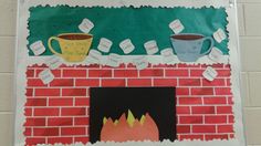 a bulletin board with coffee mugs on top of a brick wall and paper taped to it