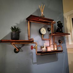 the shelves are made out of pipes and wood