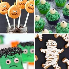 halloween desserts and cupcakes are featured in this collage with green frosting