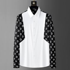 Men's Contrast Color Splice Long Sleeve Shirt
Features：

 	Product ID:LS0259
 	Material:Polyester
 	Season:Spring,Summer,Autumn,Winter
 	Color:Black,White

Size Chat： White Long Sleeve Shirt With Patchwork, Stylish Shirts Men, Camisa Social, Suit Shirts, Winter Color, Winter Colors, Lookbook Outfits, Stylish Shirts, Formal Wear