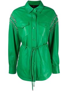 bright green silver-tone stud embellishment classic collar front button fastening two stud-fastening chest pockets tied waist long sleeves curved hem Leather Shirts, Edgy Glam, Green Outfits, Pinterest Ideas, Leather Shirt, Green Outfit, Fashion Designs, Philipp Plein, Woman Fashion