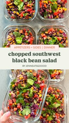 four glass containers filled with chopped southwest black bean salad