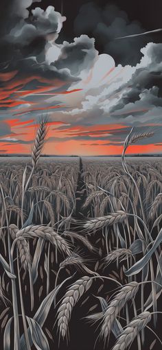 a painting of a corn field at sunset