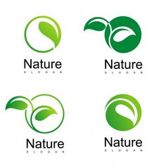 four logos with leaves for natural products and the word nature written in green letters on white background