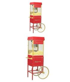 two red and yellow popcorn machines sitting next to each other