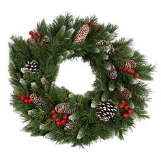 a christmas wreath with pine cones and red berries