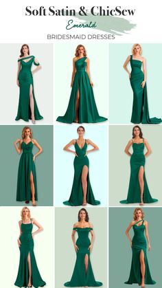 the bridesmaid dresses are all in different colors and styles, including one with high slit